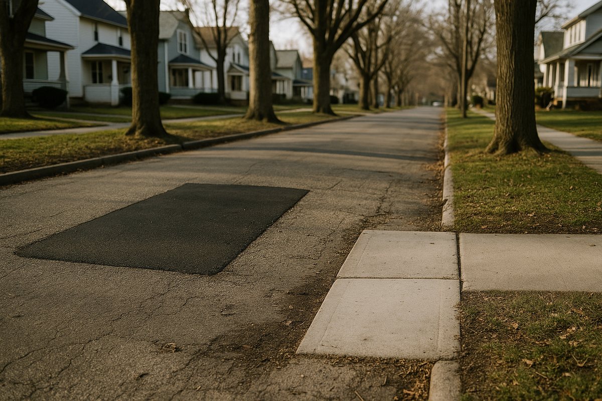 A West Michigan neighborhood street with a patched road cutout and a mismatched sidewalk section marking an updated sewer connection