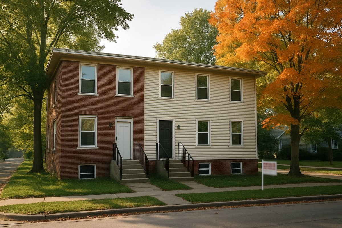 A two-unit brick and clapboard multifamily home on a tree-lined West Michigan street in early fall
